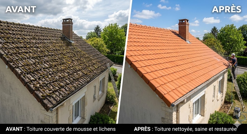 Avant après démoussage toiture tuiles à Strasbourg